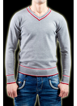 PULL EN MAILLE JERSEY GRIS/ROUGE