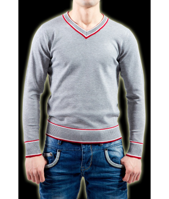 PULL EN MAILLE JERSEY GRIS/ROUGE