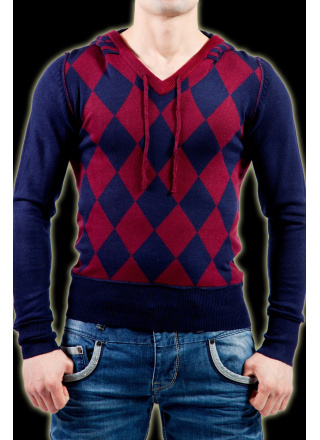 PULL JACQUARD A CAPUCHE ROUGE & BLEU