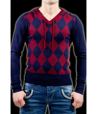 PULL JACQUARD A CAPUCHE ROUGE & BLEU