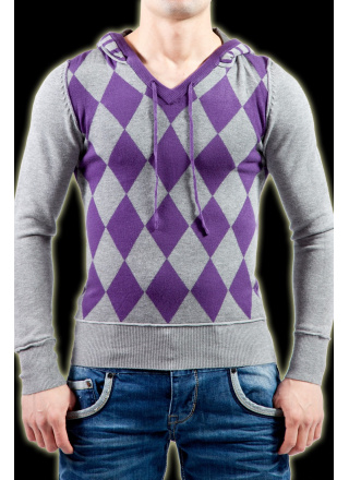 PULL JACQUARD A CAPUCHE GRIS & VIOLET