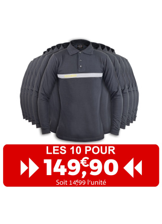 LE PACK DE 10 POLO NOIR SECURITE AVEC BANDE GRISE MANCHE LONGUE