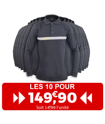 LE PACK DE 10 POLO NOIR SECURITE AVEC BANDE GRISE MANCHE LONGUE